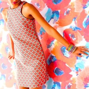 - NWT Trina Turk Hot Coral Black Rosalynn Retro Geometric Shift Dress